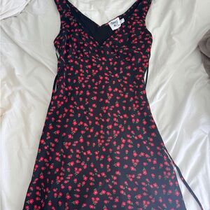 Princess Polly Black Dress US 2 with Vibrant Red Flowers